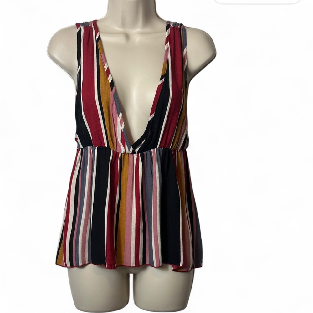Multicolor‎ Striped Plunging Sleeveless V Neck Top